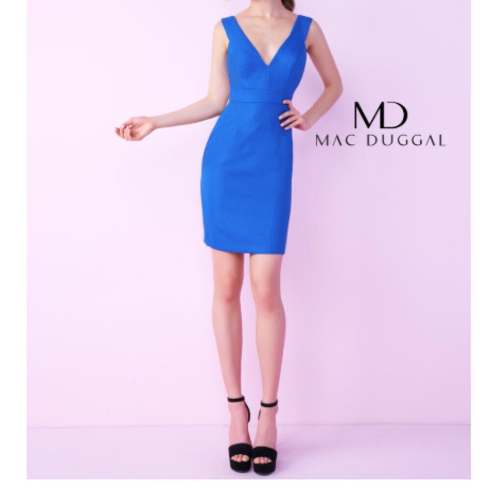 Mac Duggal Vintage Sleeveless V-Neck Mini Sheath Dress in Royal Blue Size 6 - Picture 9 of 9